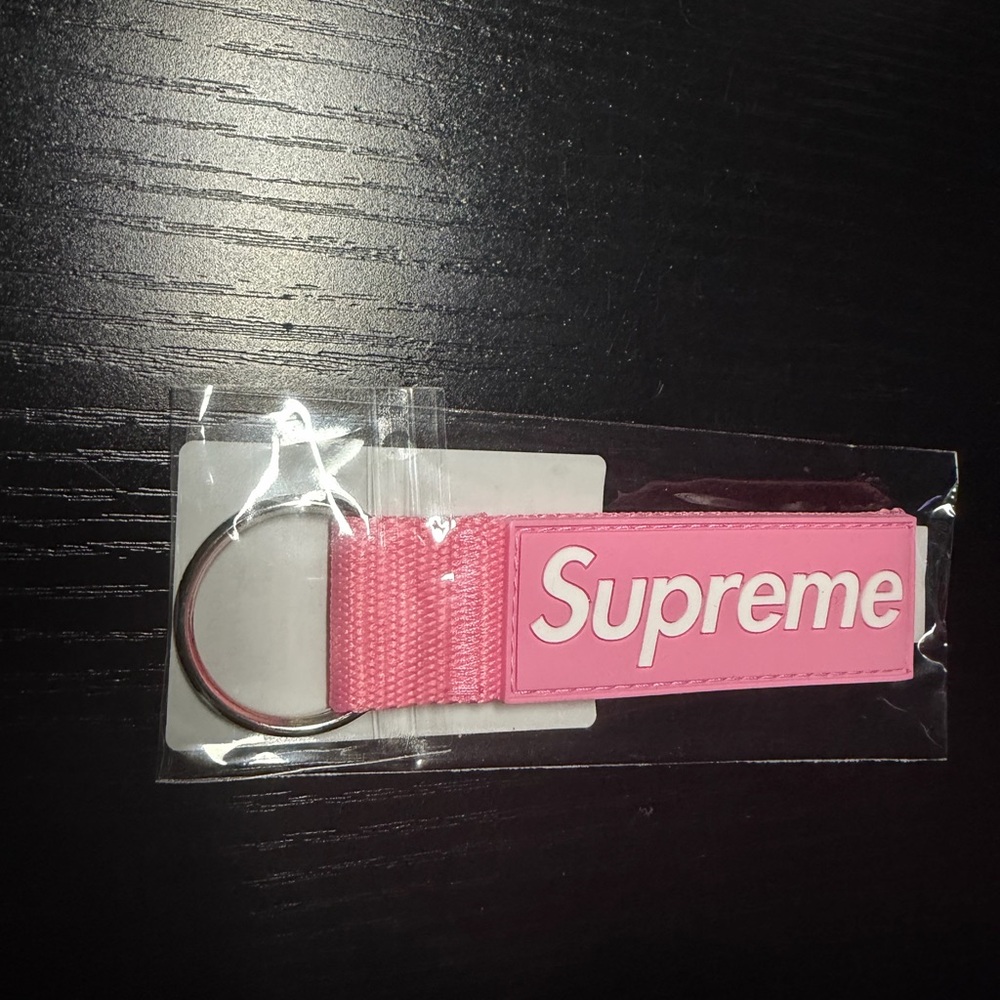 Supreme Pink Webbing Key Ring Strap with Logo Patch